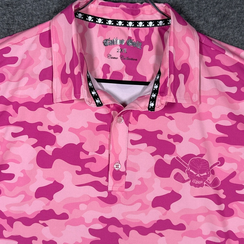 Tattoo Golf Polo Shirt Mens 2XL Pink Camo Skull Crossbones Performance Stretch - Picture 1 of 9